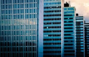 Contemporary skyscrapers reflect the cityscape in Stockholm, Sweden. Modern architecture.