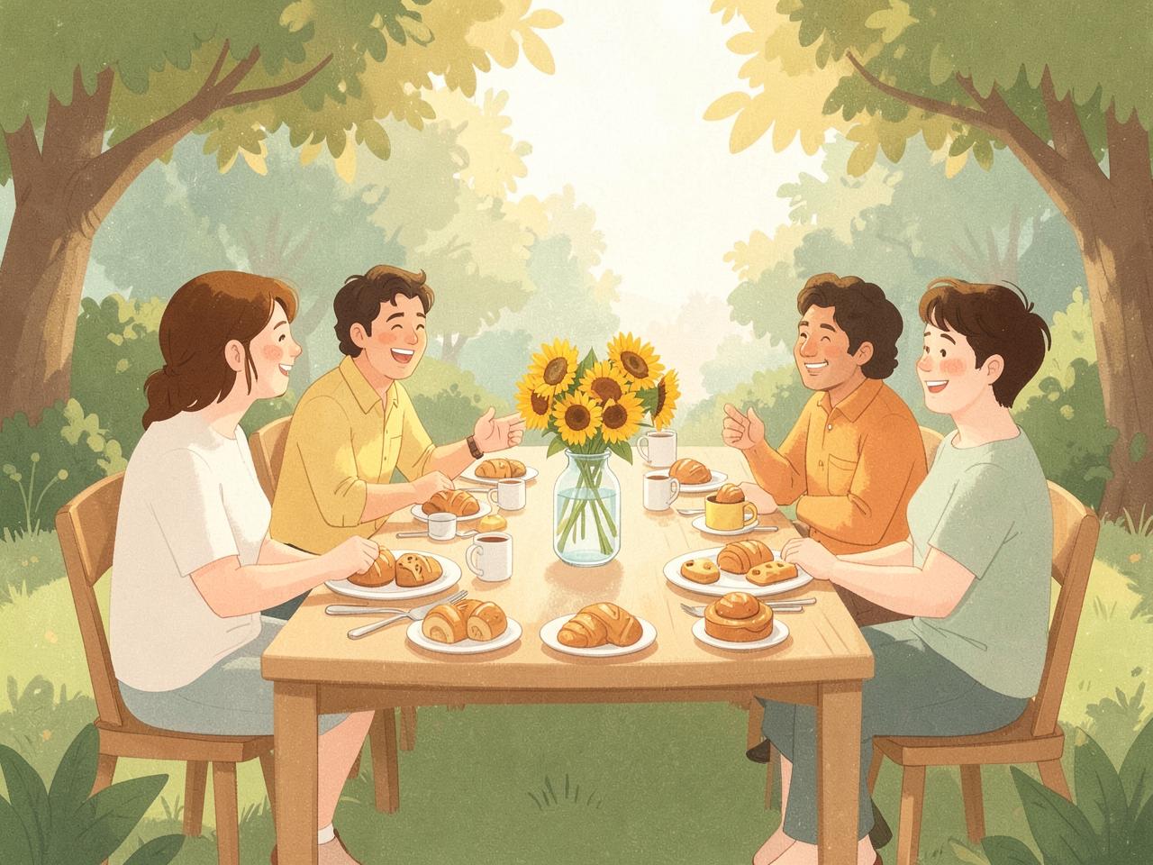 Friends sharing brunch at a garden table with sunflowers in a jar